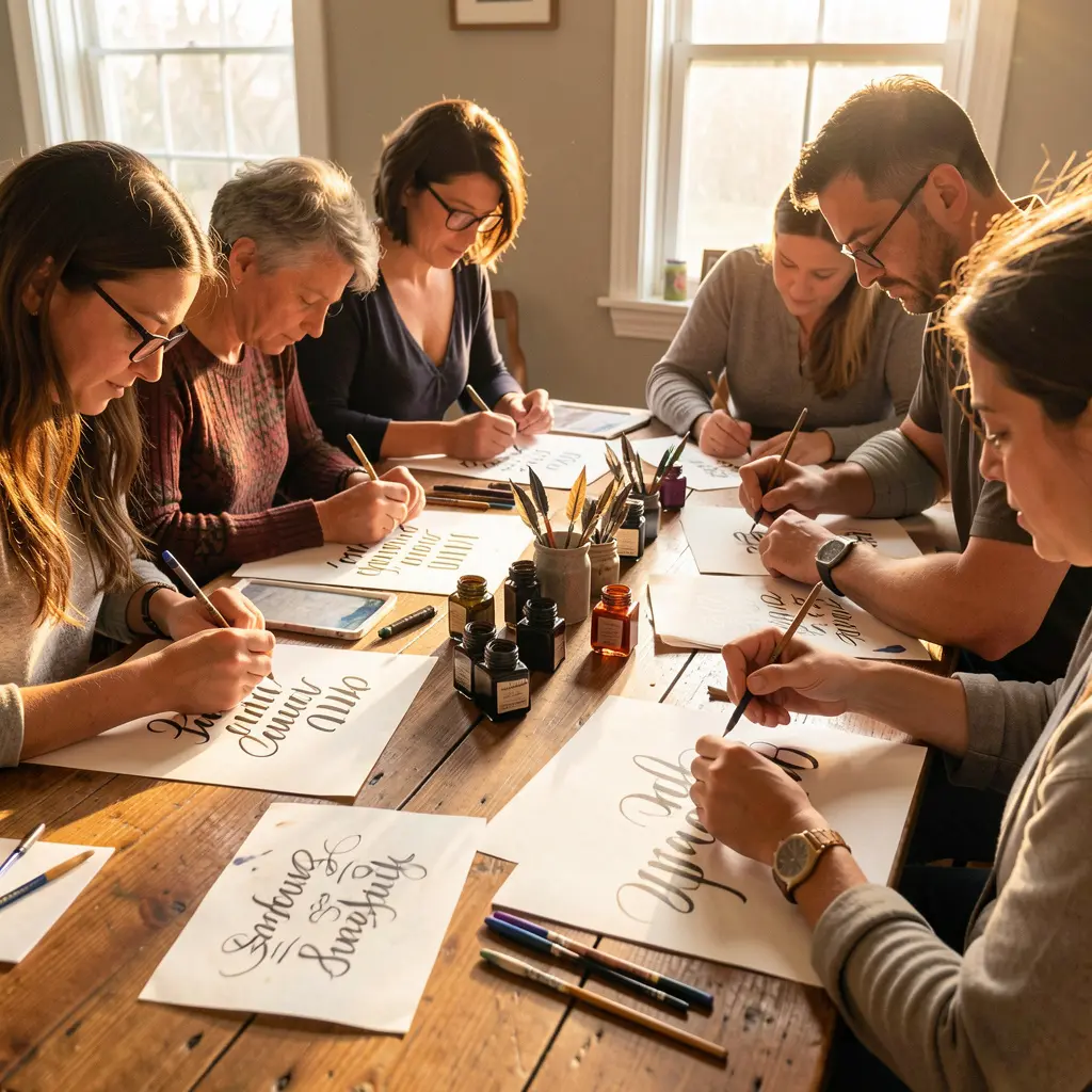 Group calligraphy session with participants learning lettering